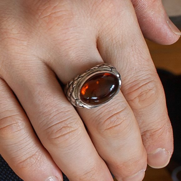 Baltic Amber Silver Ring, 100% Natural Cognac Amber 925 Silver Ring, Size 9 US - Picture 1 of 12